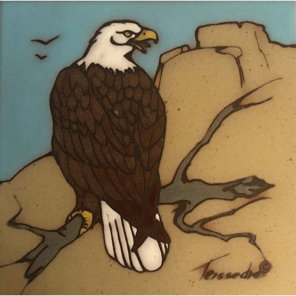 Vtg CLEO TEISSEDRE Designs Bald Eagle Hand Painted Ceramic Tile Trivet C… - Picture 2 of 5